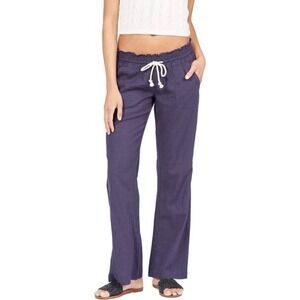 NEW ROXY Oceanside Linen Drawstring Pants SZ M Navy Blue Low Rise Nautical Beach